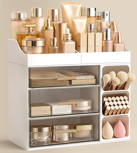 Makeup Organizer Countertop with Brush Holder, White