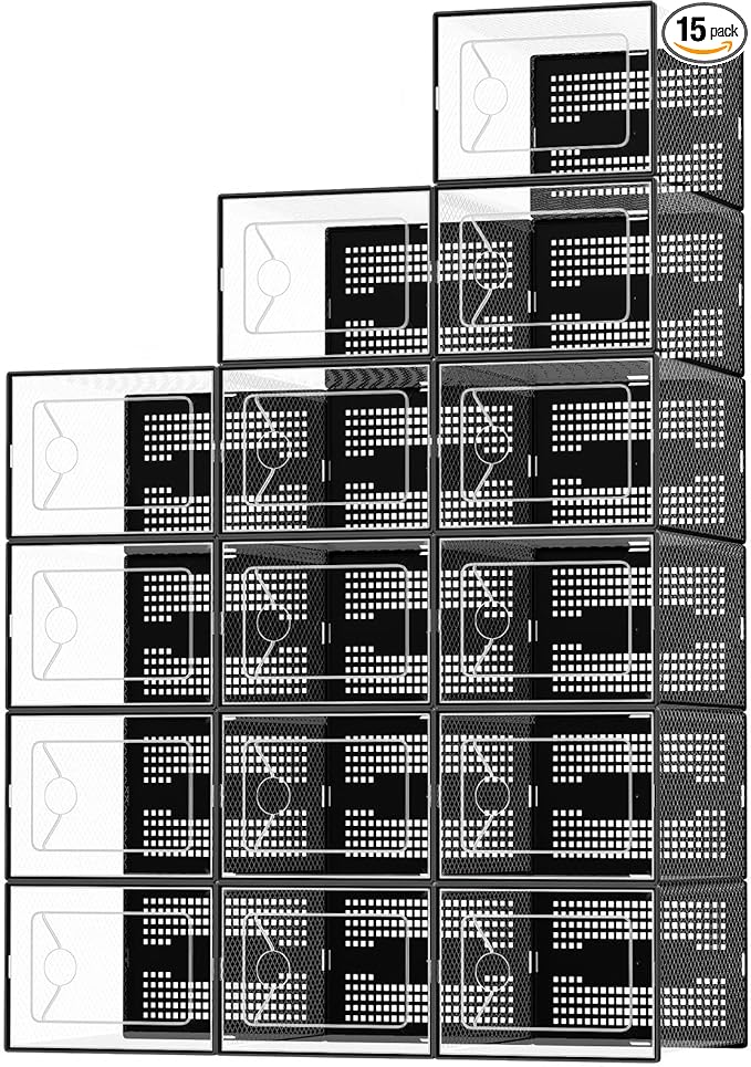 OLIXIS Shoe Storage Boxes, 15-Pack Clear Stackable Shoe Organizers with Lids, Sneaker Display and Storage Containers for Closet, Under Bed, Entryway, Black