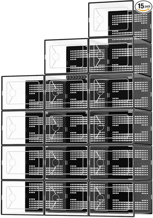 OLIXIS Shoe Storage Boxes, 15-Pack Clear Stackable Shoe Organizers with Lids, Sneaker Display and Storage Containers for Closet, Under Bed, Entryway, Black