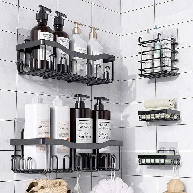 Shower Caddy 5 Pack Rustproof Stainless Steel Bath Organizers With Large Capacity, No Drilling Shelves, Adhesive Shower Caddy, for Bathroom Storage & Home Decor, SC02, Black