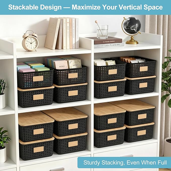 4 Pack Plastic Storage Bins with Bamboo Lids, Black