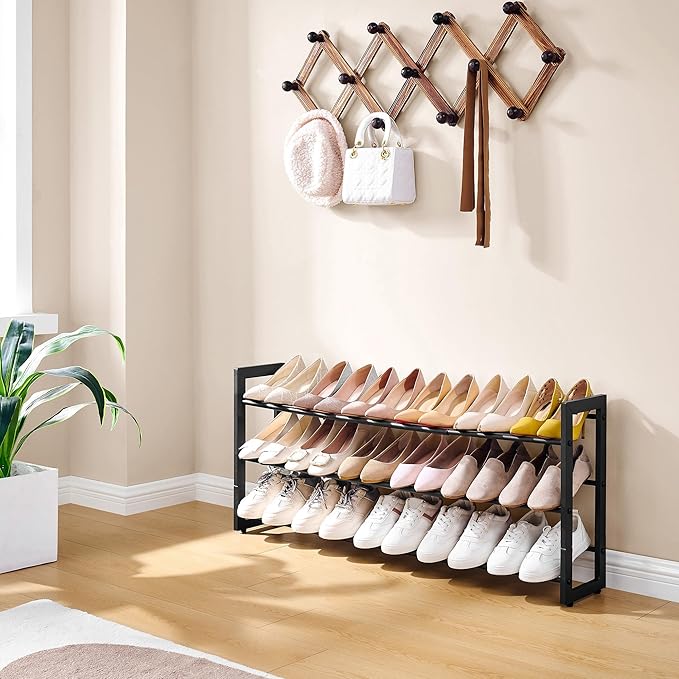 FAVOOSTY 3-Tier Expandable Shoe Rack, Adjustable Shoe Shelf Storage Organizer Space Saving Metal Free Standing Shoe Rack for Entryway Closet Doorway, Black