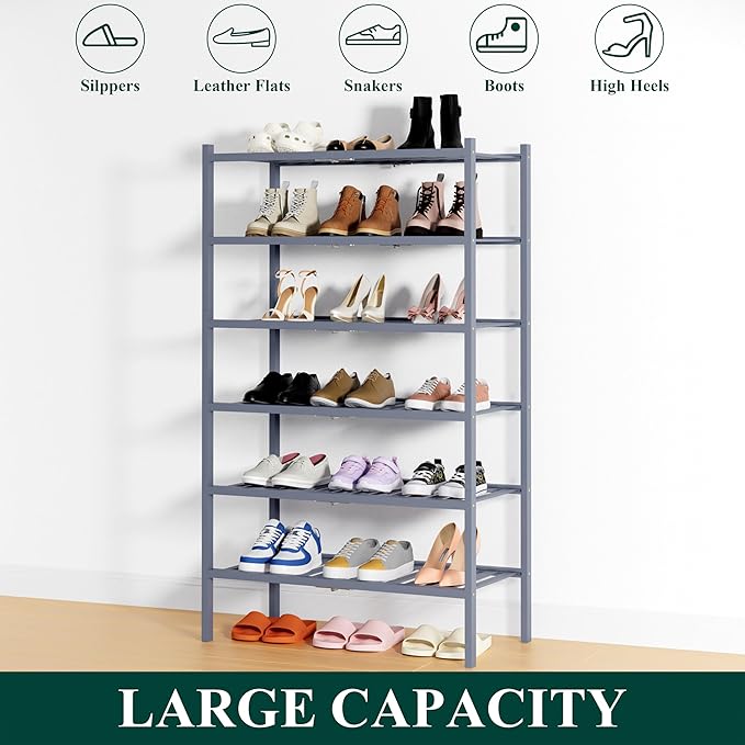 Smiry Bamboo Shoe Rack, 6 Tier Free Standing Wooden Shoe Organizer, Stackable Wood Shoe Storage Shelf for Closet, Entryway, 14 Vertical Slats, 2+2+2 Stack Heavy-Duty Legs, 26.8"x11"x39", Grey