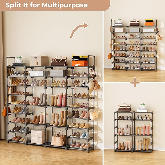 ROJASOP Large Shoe Rack Organizer for Entryway Closet 64-68 Pairs 9-Tier Heavy Duty Tall Garage Shoe Rack Shoe Shelf Shoes Storage with 18 Pcs Removable Side Hooks for Bedroom and Garage Grey