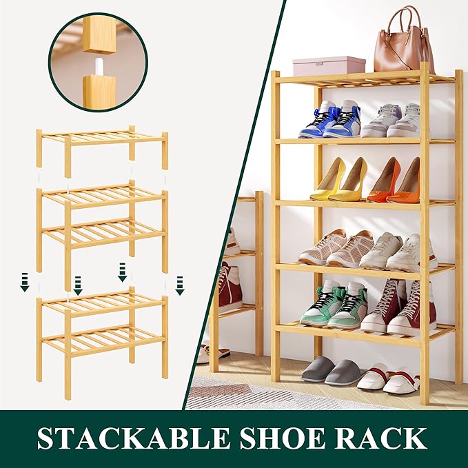 Smiry Small Bamboo Shoe Rack, 2 Tier Free Standing Wooden Shoe Organizer, Stackable Wood Shoe Storage Shelf for Closet, Entryway, 12 Vertical Slats, One-piece Standard Legs, 17.3"x11"x13", Natural