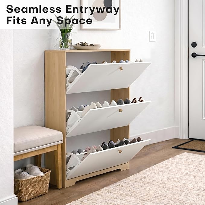 Nicetree Shoe Cabinet with 3 Flip Drawers，Freestanding Shoe Storage Cabinet, Narrow Shoe Organizer Cabinet, Farmhouse Slim Shoe Rack Cabinet for Entryway,Natural Oak and White with Hook