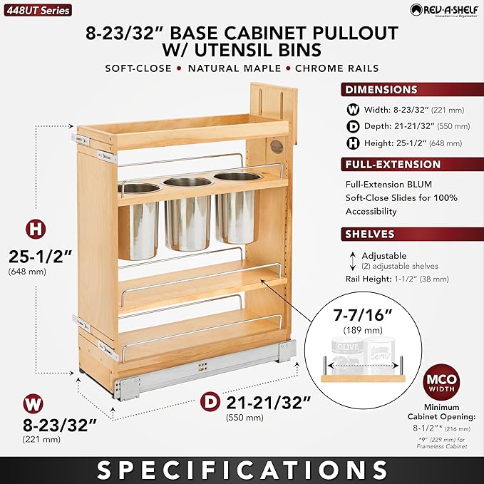 Rev-A-Shelf 8 in. Pull Out Storage Organizer for Base Kitchen Cabinets w/Soft-Close, Sliding Shelves for Utilities, Utensils or Spices, Maple, 448UT-BCSC-8C