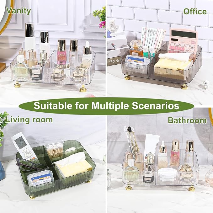 DASITON Makeup Organizer Countertop for Vanity, 5 Slots Makeup Brush Holder Organizer, Vintage Makeup Perfume Tray Cosmetic and Skincare Organizers for Bedroom Bathroom Counter, Desk Storage (Grey)