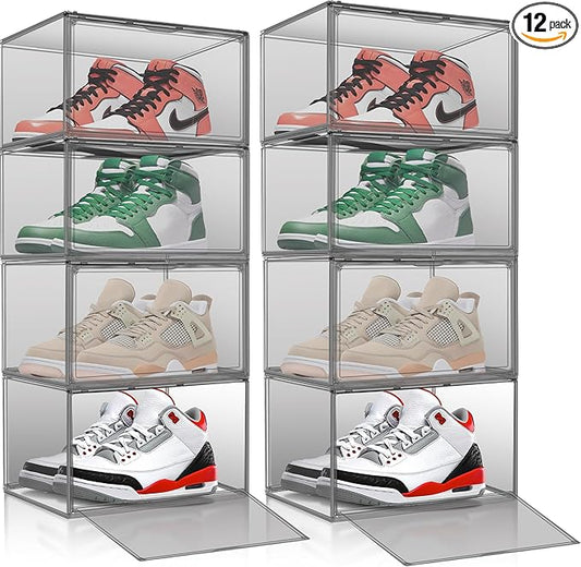 12 Pack Large Shoe Organizers Storage Boxes for Closet Clear Plastic Stackable