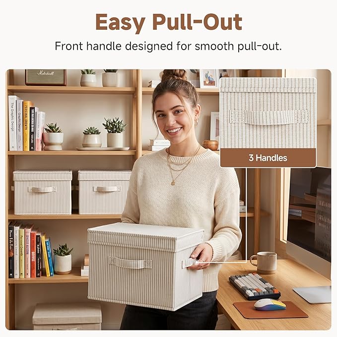 StorageWorks Fabric Storage Bins with Lid, Decorative Storage Boxes for Shelves, Stackable Closet Organizer Basket with Handles, Medium, Khaki and Beige Stripes, 2-Pack