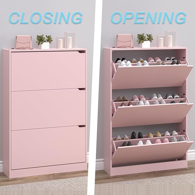 Shoe Cabinet with 3 Flip Drawers, Hidden Wood Shoe Cabinet, Pink