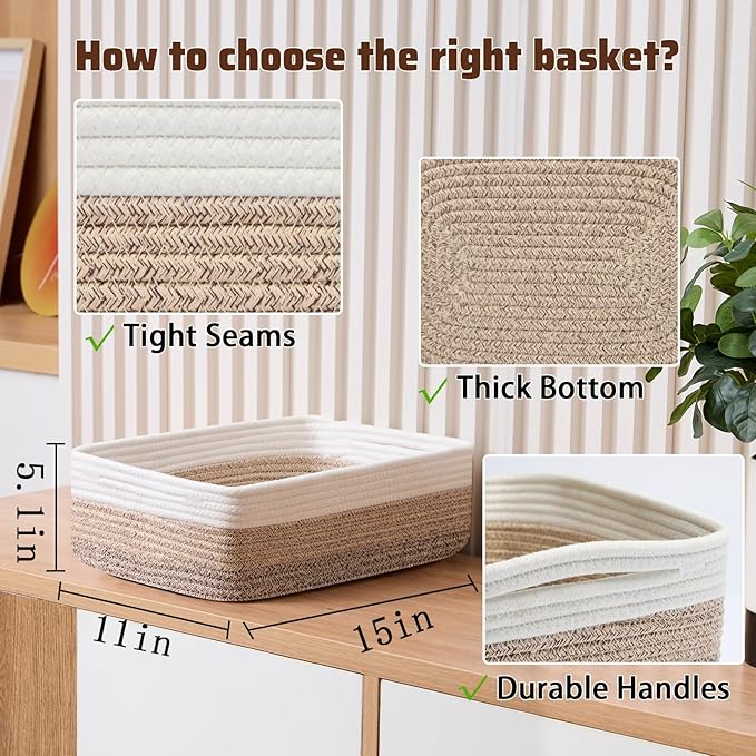 MiniArk Large Shallow Organizing Baskets 15x11x5.1 Inches - Rope Woven Storage Bins for Bathroom, Shelves, Cube Closet, Gradient Brown 4 Packs