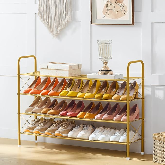 Hoctieon 4 Tier Mesh Style Shoe Rack, Entryway Shoe Shelf, Shoe Storage Organizer, Shoe Rack for Closet, Space Save for Bathroom, Garage, Hallway, Bedroom, Living Room, Gold