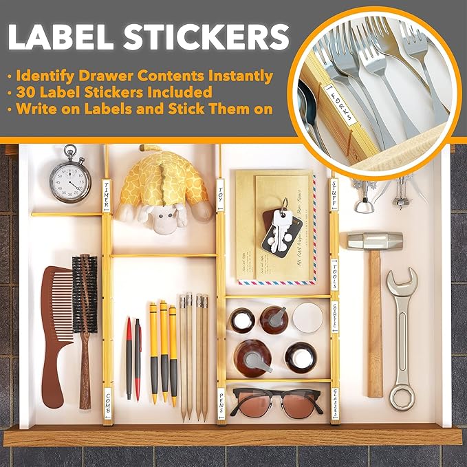 Bamboo Drawer Dividers with Inserts and Labels, 13.25-17 in