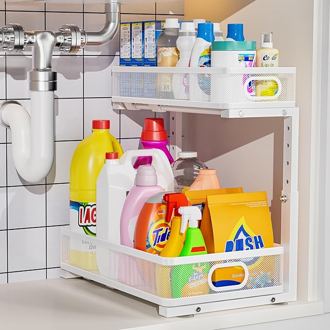 Under Sink Organizer, High Adjustable 2 Tier Under Sink Organizers and Storage, Slide out Metal Cabinet Organizers, Pull out Storage Drawer Shelf for Kitchen Bathroom Cabinet (1, White)