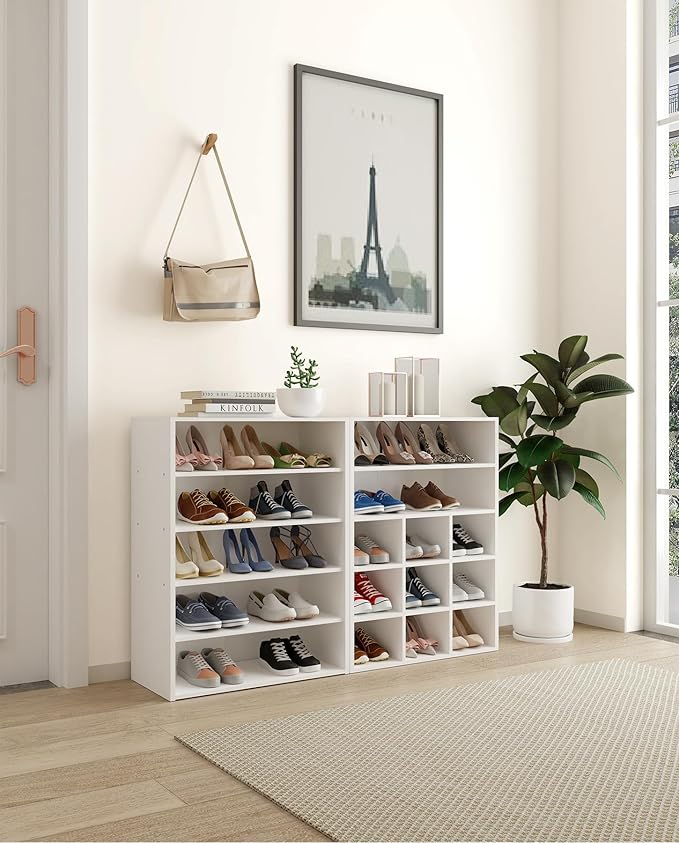 HAIOOU 5 Tier White Shoe Rack, 24 Inches Stackable Wooden Shoe Shelf Organizer Free Standing Shoe Storage Stand with One Movable Storage Shelf for 10-15 Pairs, Perfect for Entryway, Hallway, Closet
