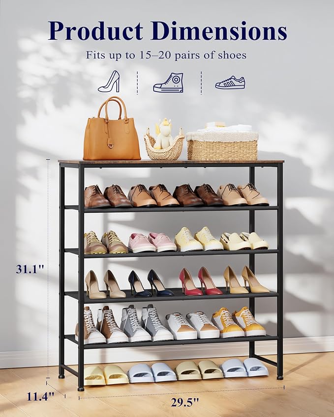 Kitsure 5-Tier Shoe Rack for Entryway - Space-Saving Shoe Rack Organizer with Wooden Top, Metal Frame Shoe Storage for Closet, Holds 15–20 Pairs, 29.5" x 11.4" x 31.1"