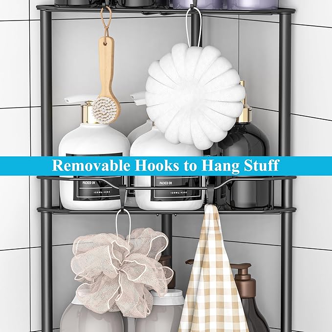 HuggieGems 4 Tier Floor Standing Corner Shower Caddy Organizer Shelf with Hooks, Bathroom Shelves Stand Rack, Matt Black