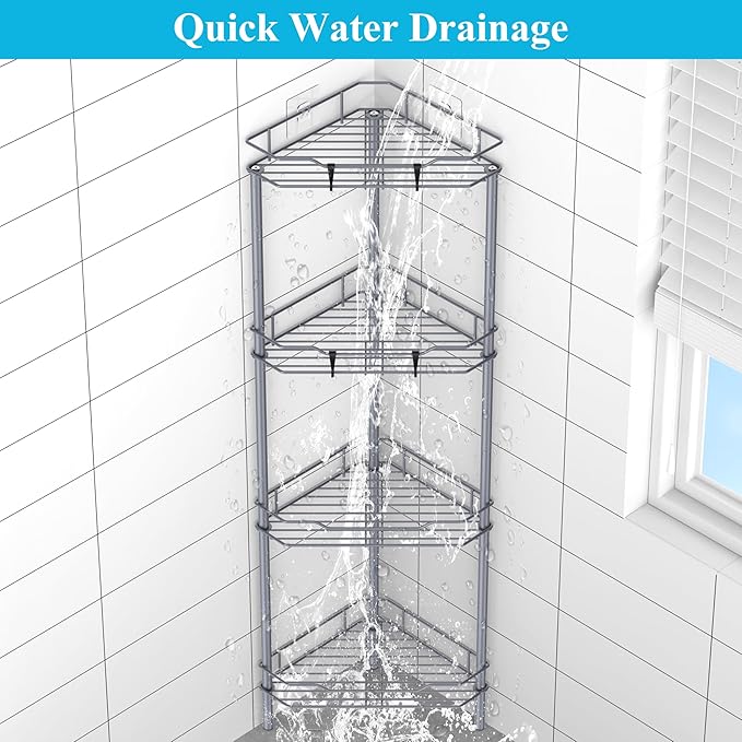 HuggieGems 4 Tier Floor Standing Corner Shower Caddy Organizer Shelf with Hooks, Bathroom Shelves Stand Rack, Dark Gray