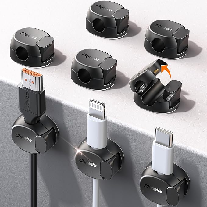 Chfeila 8 Pack Cable Clips [Dual Spring & Clasp] Cable Management, Max Secure Adhesive Cord Organizer, Cord Holder for Nightstand, School Office, College Dorm Essentials, Desk Accessories & Decor