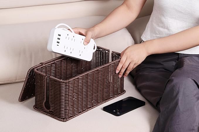 Large Cable Management Box, Handwoven Imitation Rattan Cord Organizer Cord Hider Box, Desk Cord Management Box to Hide Cords and Power Strips, 13.5" L x 6.2" W x 6" H, Dark Brown