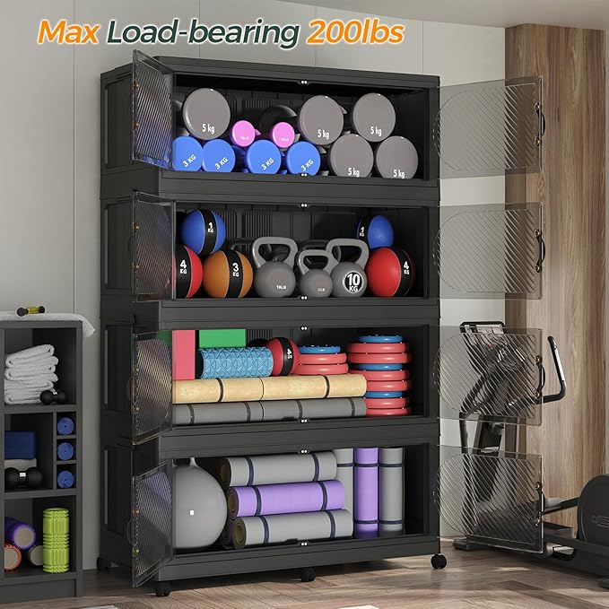 400Gal/1600QT 5-Tiers Extra Large Stackable Storage Bins with Lid, Collapsible Cabinet Closet Organizer Plastic Container Box with Wheels Doors Drawers for Office Dorm Kitchen, Black