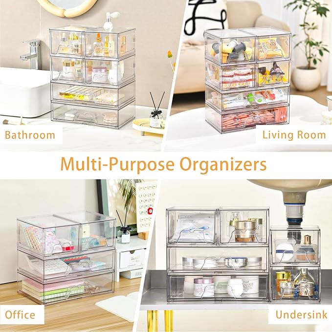 Stebopum 3 Pack Stackable Storage Drawers Clear Acrylic Organizer Makeup Bathroom Organizer and Storage for Beauty Supplies,Ideal for Vanity, Cabinet,Bathroom,Pantry Organization
