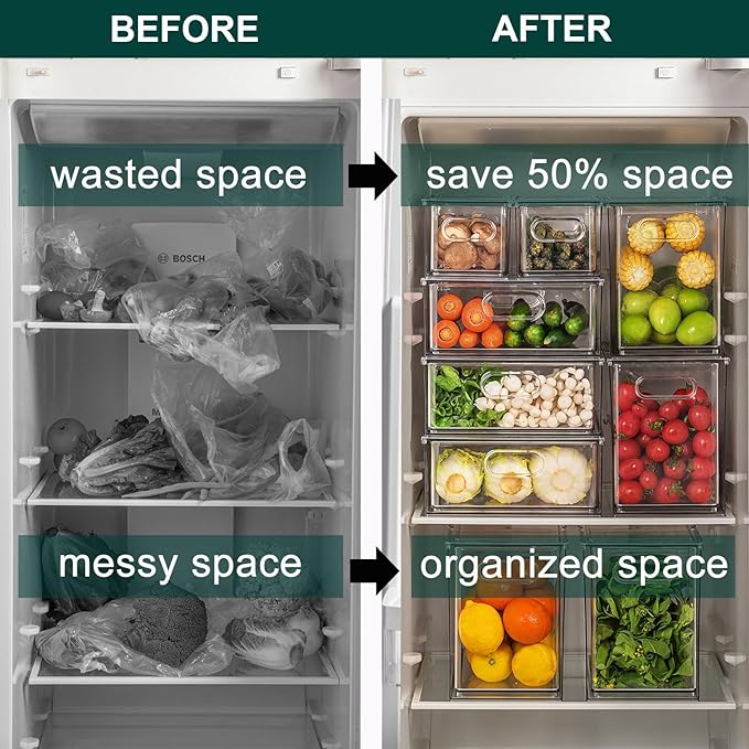 Fridge Drawers, 3-Pack Clear Stackable Pull Out Refrigerator Organizer Bins