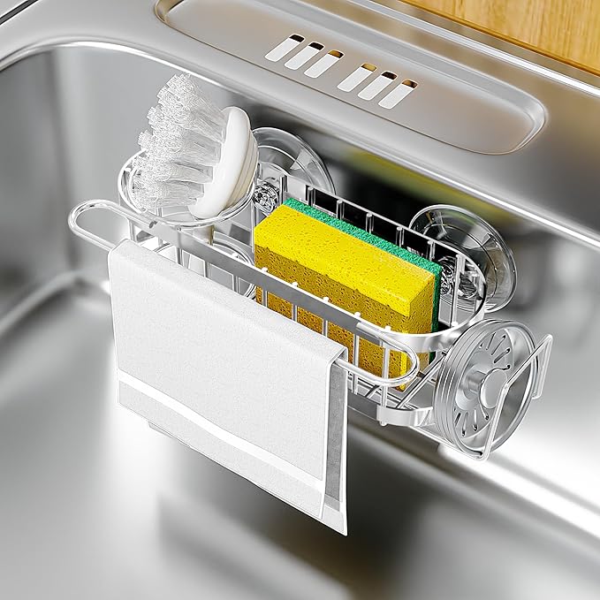 Cisily Kitchen Sink Caddy Sponge Holder in The Sink, Suction cup-Silver