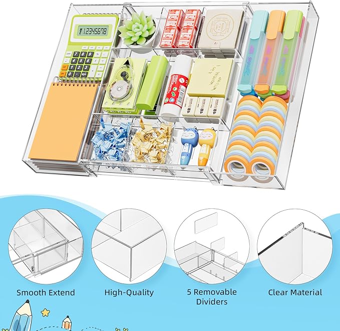 Expandable Desk Drawer Organizer, Clear