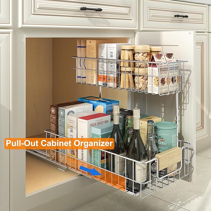 Pull Out Cabinet Organizer, Under Sink Slide Out Storage Shelf with 2 Tier Sliding Wire Drawer, Sliding Storage for Inside Kitchen Cabinet- 11.5 in. W x 21.5 in. D (Right)