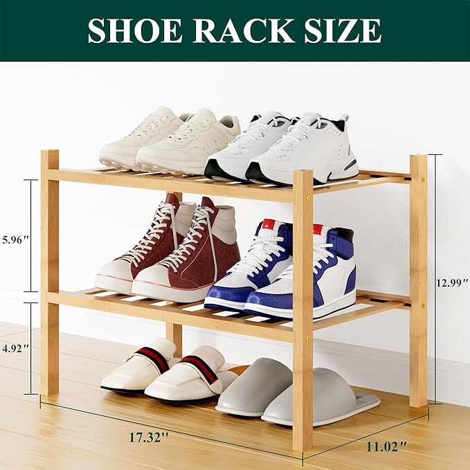 Smiry Small Bamboo Shoe Rack, 2 Tier Free Standing Wooden Shoe Organizer, Stackable Wood Shoe Storage Shelf for Closet, Entryway, 12 Vertical Slats, One-piece Standard Legs, 17.3"x11"x13", Natural