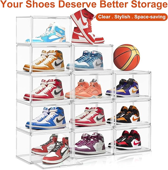 12 Pack Acrylic Shoe Storage Boxes Clear Sneaker Shoe Display Case Fit US Size 12, Stackable Hat Sneaker Shoe Organizer for Closet, Entryway, Underbed, Space Saving Shoe Boxes for Men Women