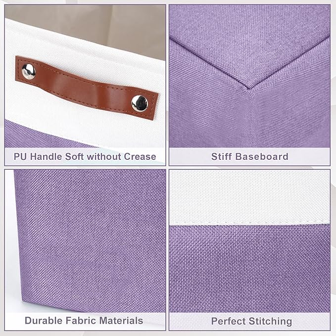 Bagnizer Large Fabric Storage Baskets | 50L Storage Bins, Decorative Linen Closet Baskets with Handles for Organizing, Shelf, Toys, Clothes, Home, Office, Nursery, 17x12x15Inches (Purple&White)