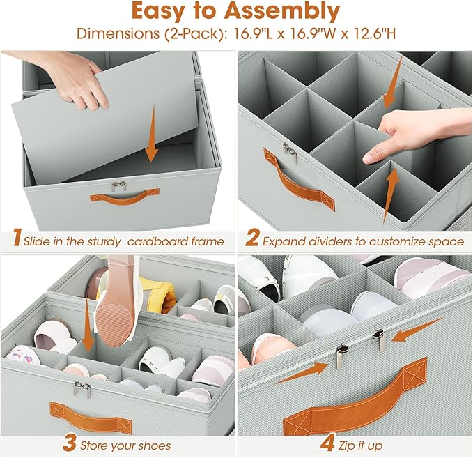 4 Pack Shoe Organizer for Closet,Foldable Shoe Storage Organizer with Adjustable Dividers, Shoe Storage Box with Clear Cover, Fits up to 32 Pairs, Gray