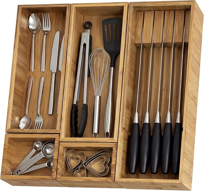 KOCWELL Bamboo Silverware Drawer Organizer with Knife Block, 5 Removable Drawer Organizer Bins - Multi-Use for Kitchen Utensils, Office, Makeup, Tools Storage