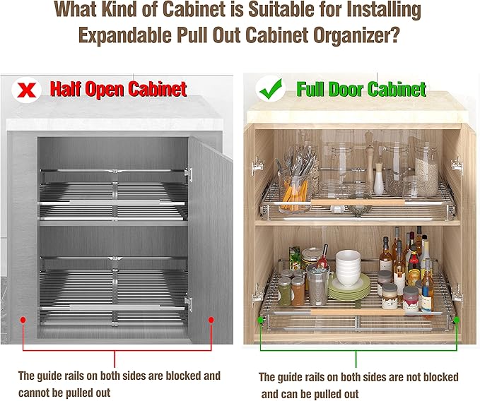Pull Out Shelves for Kitchen Cabinet, 17.1~28" W x 22.5" D Expandable Slide Out Drawers for Kitchen Organizers and Storage, Pull Out Cabinet Organizer, Stainless Steel, 2Pack