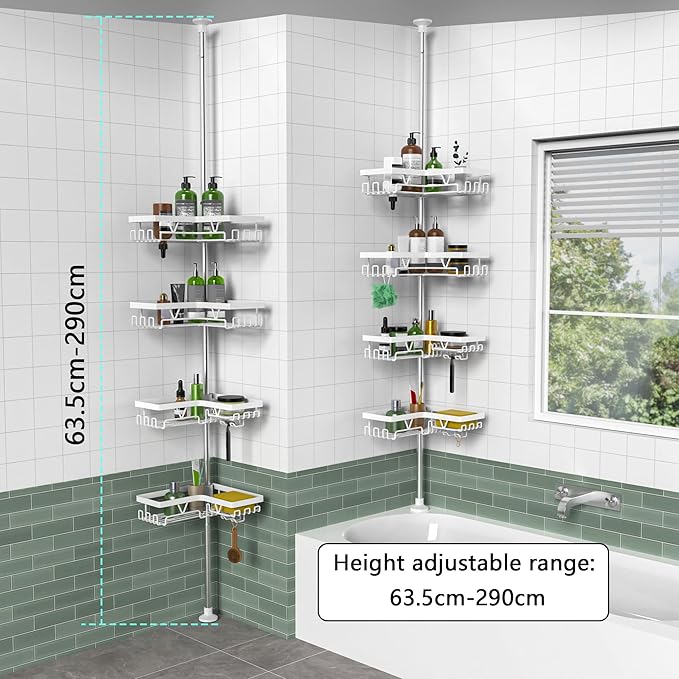 KEGII Corner Shower Caddy Tension Pole - 4-Tier Rustproof Bathroom Organizer, Floor to Ceiling Shower Caddy 25-114.2 inch, No Drilling Shower Storage Rack for Shampoo, Towels (Matte White) | Rustproof