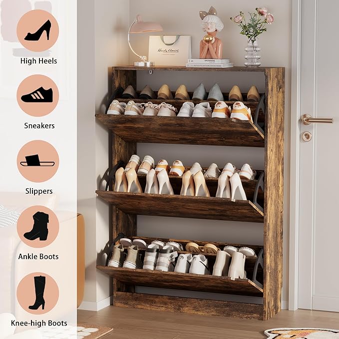 Shoe Storage Cabinet, Wood Shoe Organizer for Entryway with 3 Flip Drawers, Freestanding Shoe Rack w/h Adjustable Shelf,Narrow Shoe Dresser for Front Door Entrance(Brown, 47.2" x 31.5" x 9.25")