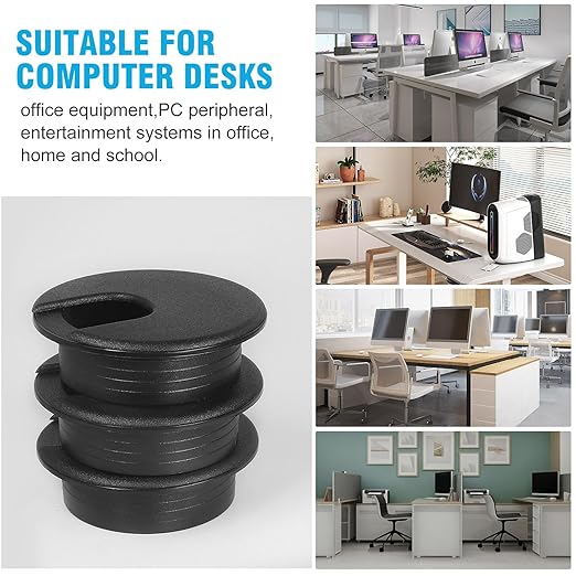 2" Black Desk Grommet, JTemgle Plastic Cable Hole Cover Computer Table Cord Wire Organizer Caps Desktop Cord Management for Home Office TV Stands Tabletops, 5 Pieces