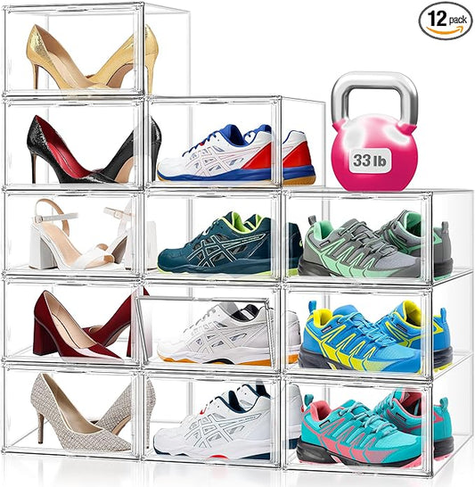 12 Pack Acrylic Shoe Storage Boxes Clear Sneaker Shoe Display Case Fit US Size