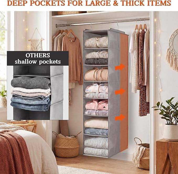 Ofiray-home Deep Pocket Hanging Closet Organizer, 8 Tier Hanging Shoe Organizer for Closet, Adjustable Closet Organizers and Storage for Sweaters, Shoes, Hoodies & Blankets, Heavy Duty Hanging Shelves