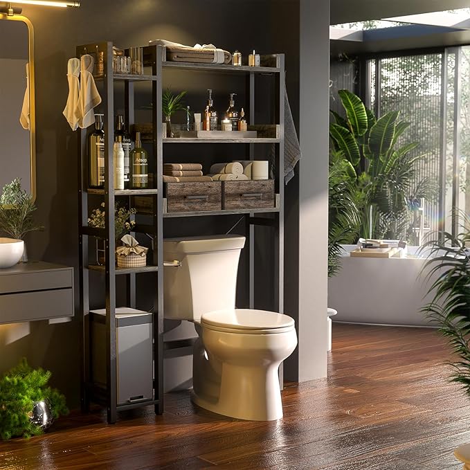 Besiost Over The Toilet Storage with 2 Drawers - 7 Tier Bathroom Organizer with Adjustable Shelf, Freestanding Space Saver Storage Rack Above Toilet Stand with 4 Hooks for Restroom, Laundry, Grey Oak