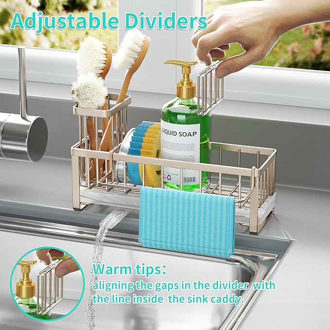 HapiRm Sponge Holder for Kitchen Sink - Self-draining Sink Caddy with Brush Holder and Dishcloth Holder, Stainless Steel Kitchen Organizer for Countertop - Brushed Nickel