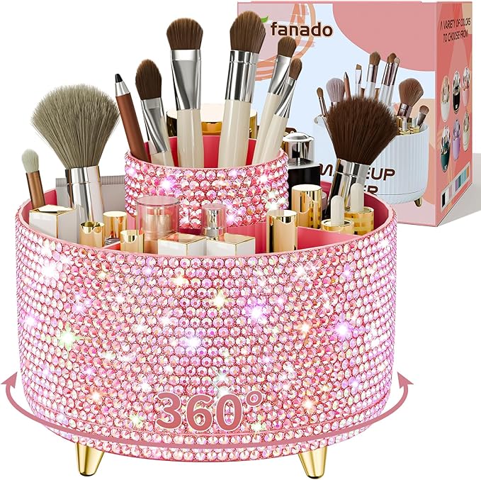 Fanado Bling 360° Rotate Makeup Brush Holder Organizer, Bling dz-Pink