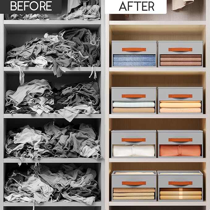 Homsorout Drawer Organizers and Storage - 12 Pack Foldable Pants Organizer with Clear Window & Handles, Fabric Closet Organizer for Clothes, Jeans, Sweaters, Towels, T-shirt, Scarf (Grey)
