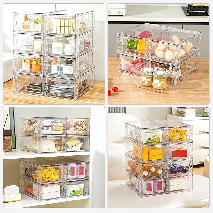 8Pack Clear Stackable Kitchen Storage Organizer,Pantry Organizers and Storage,Foods Organizer Bins with Handles, Easily Assemble for Bathroom, Kitchen, Refrigerator, Pantry, Cabinet, Closet