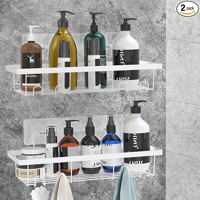 Durmmur 2 Pack Adhesive White Shower Caddy Organizer with Hooks, Rustproof No Drilling Wall Mounted Storage Shelf Rack for Inside Shower/Bathroom/Kitchen