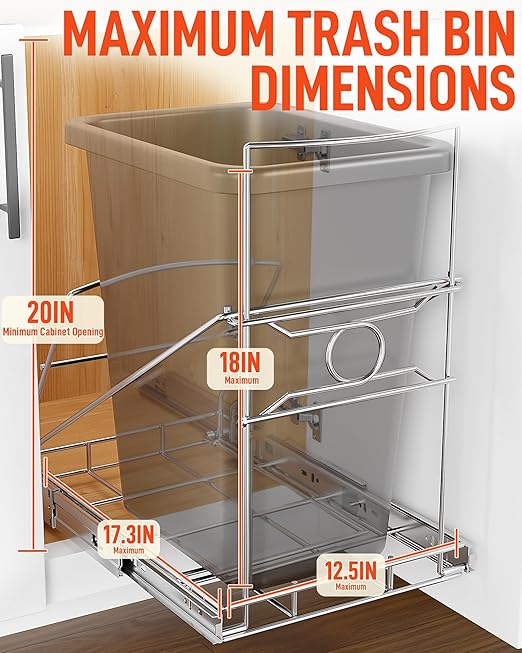 Pull Out Trash Can Holder, Adjustable Heavy Duty Cabinet Slide Out Kit for 7-11 Gallon Trash Cans, Under Sink Trash Can Rack with Smooth Ball Bearing Slides, Silver, Trash Can Not Included