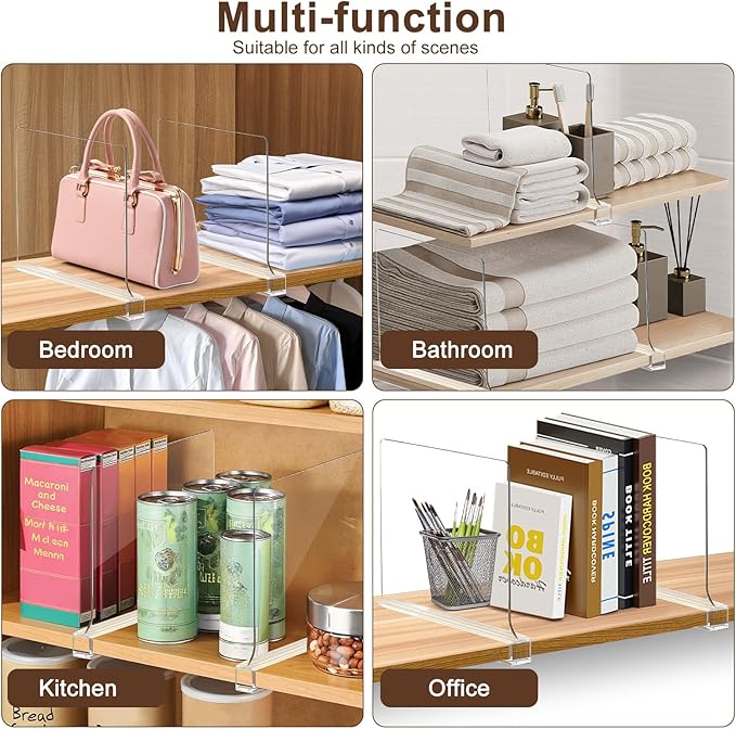 6 Pack Shelf Dividers, Adjustable Shelf Dividers for Closet Organization with Non-Slip Design, Clear Acrylic Shelf Dividers for Clothes, Handbags, Purses, Towels, Bookshelf in Home Organization